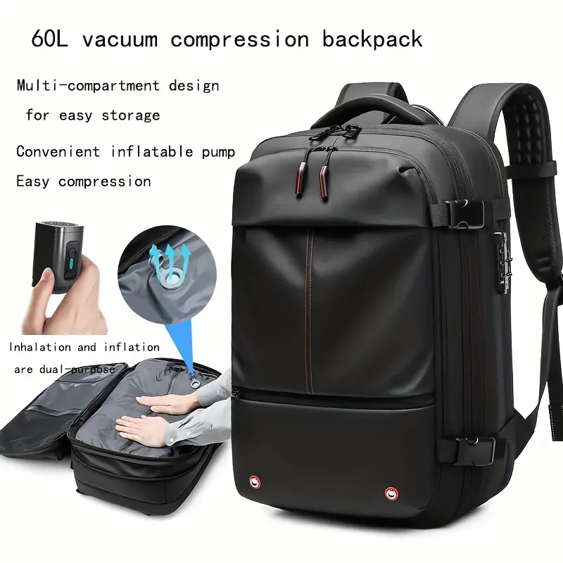 Airpack Backpack-Expandable Backpack Vacuum With Pump, Airback Bags With Anti Theft Lock, Vacuum Compression Bag For Travel, Business And College, Suitable For Men And Women