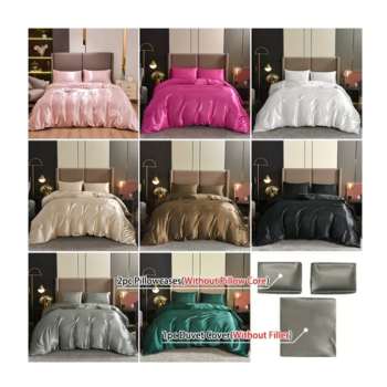 3pcs Satin Quilt Cover Three-Piece Set One Quilt Cover Plus Two Pillowcases Quilt Cover And Pillowcase Without Inner Core Polyester Fabric 100 Polyester Fiber Fabric Is Comfortable And Skin-Friendly Soft to The Touch Eight Colors Are Available: Black, White, Gray, Pink, Champagne, Rose Red, Dark Green, And Coffee Available in All Seasons